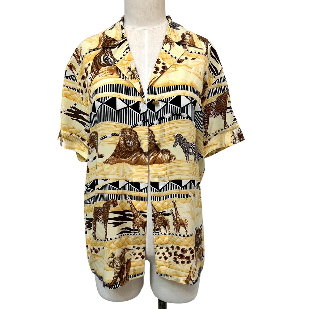 ESCADA VTG Vintage Margaretha Ley Silk Safari Animal Button Blouse 6-8 Medium